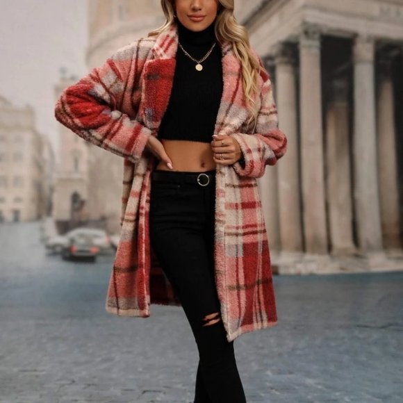 Red Preppy Womens Teddy Coat - Picture 2 of 5